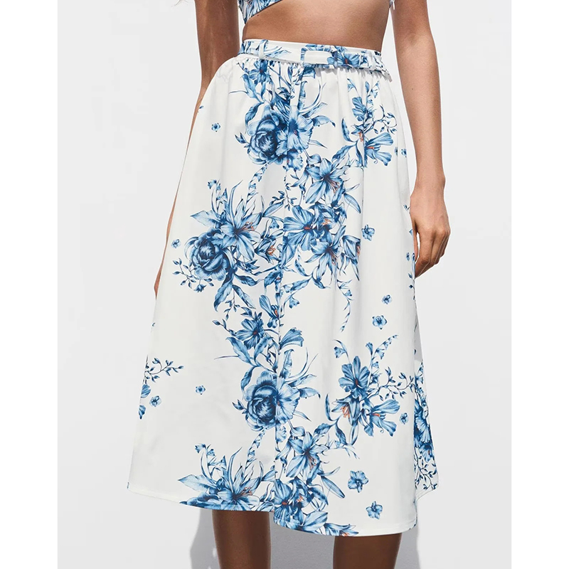 Blue Flowers On White Background Blended Printed Skirt