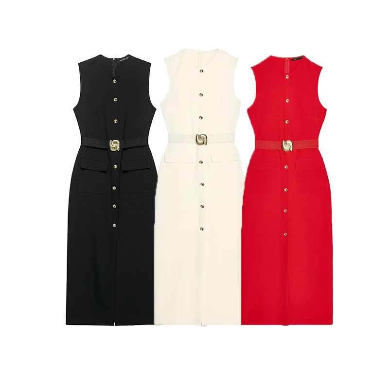 Red Polyester Button-down Round Neck Maxi Skirt