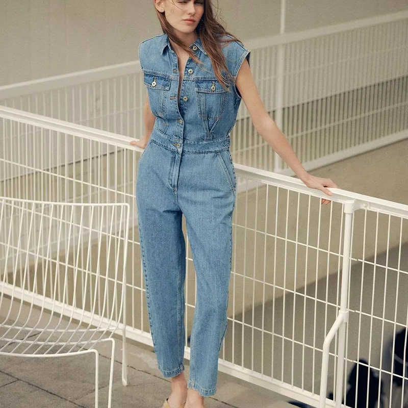 Denim Blue Denim Lapel Sleeveless Jumpsuit