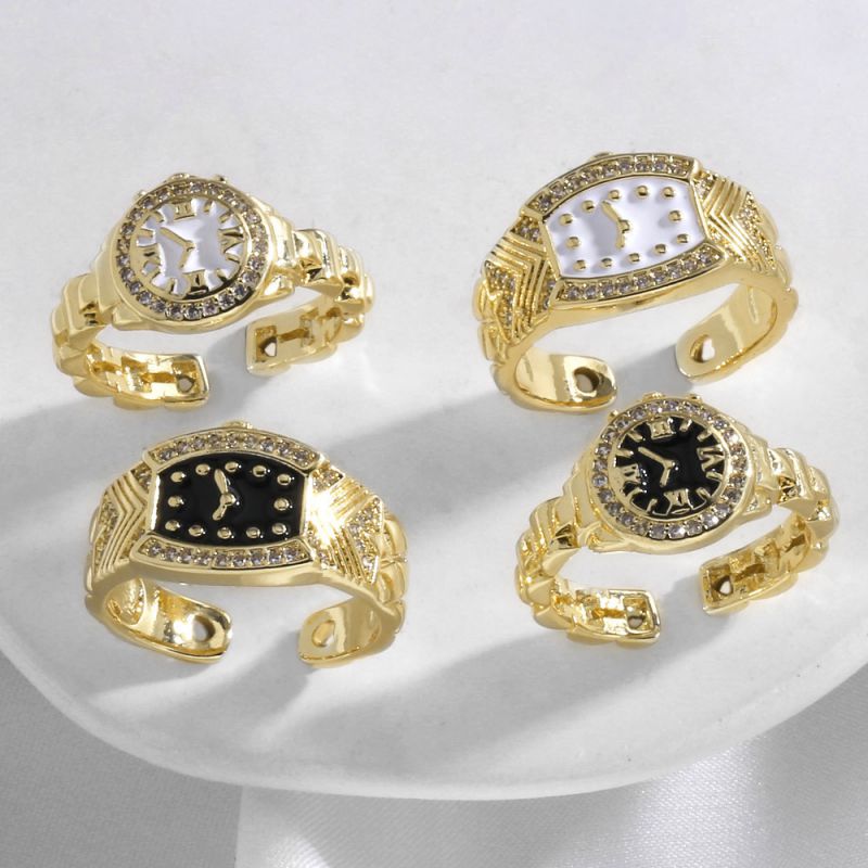 Anillo Abierto En Forma De Reloj De Cobre Bañado En Oro Con Diamantes