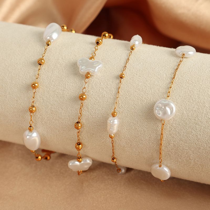 Gold-tone White Bead Bracelet Titanium Steel Pearl Bracelet
