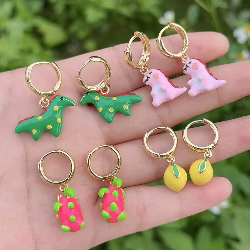 Pendientes De Dinosaurio Pitaya Limón Bañados En Cobre Y Oro