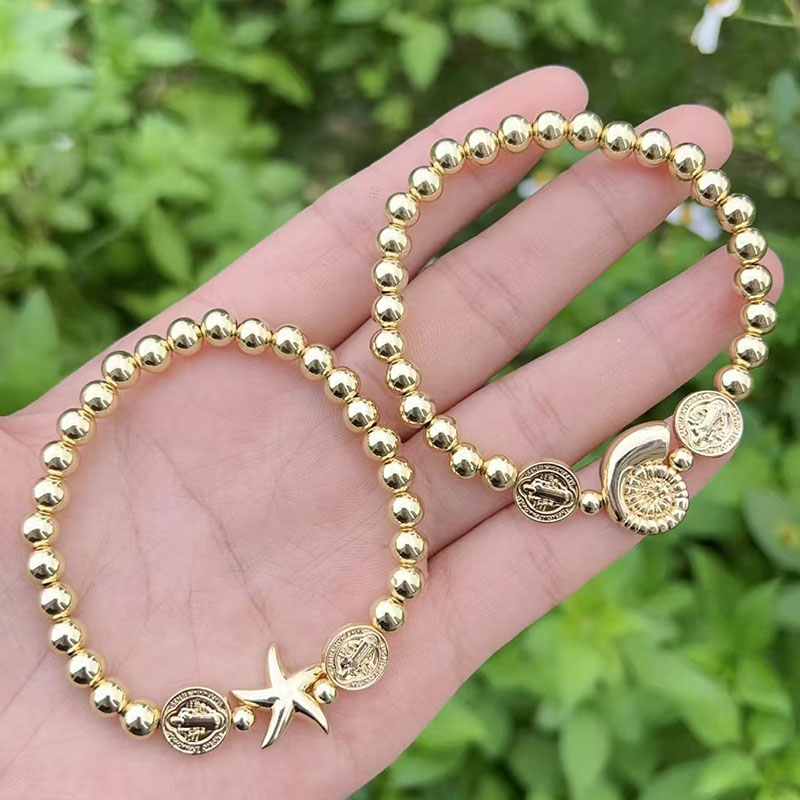 Pulsera De Estrellas De Mar Y Caracolas Con Cuentas Bañadas En Oro Y Cobre