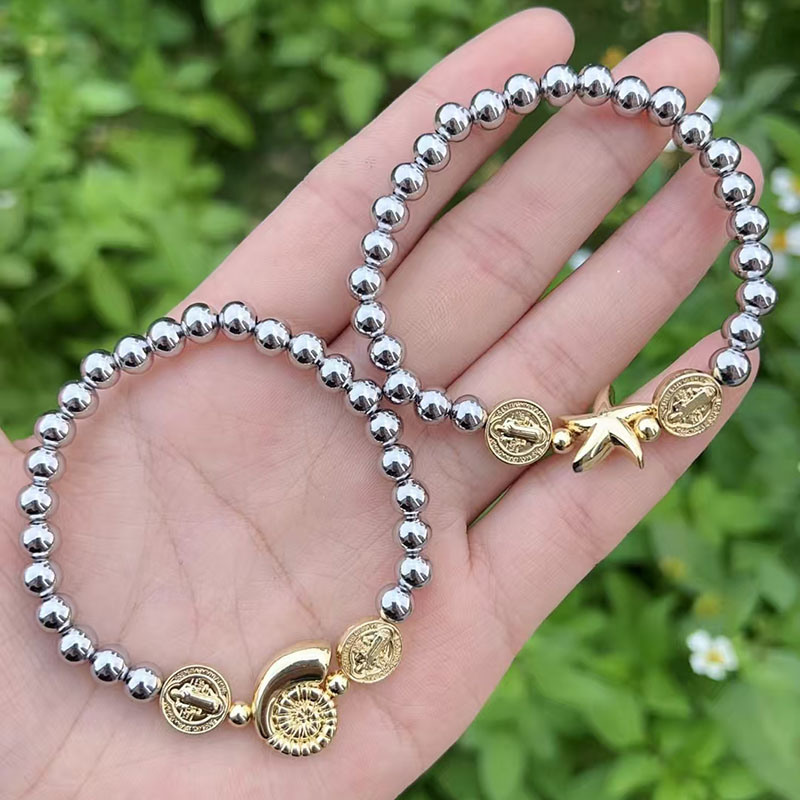 Pulsera De Estrellas De Mar Y Caracolas Con Cuentas Bañadas En Oro Y Cobre