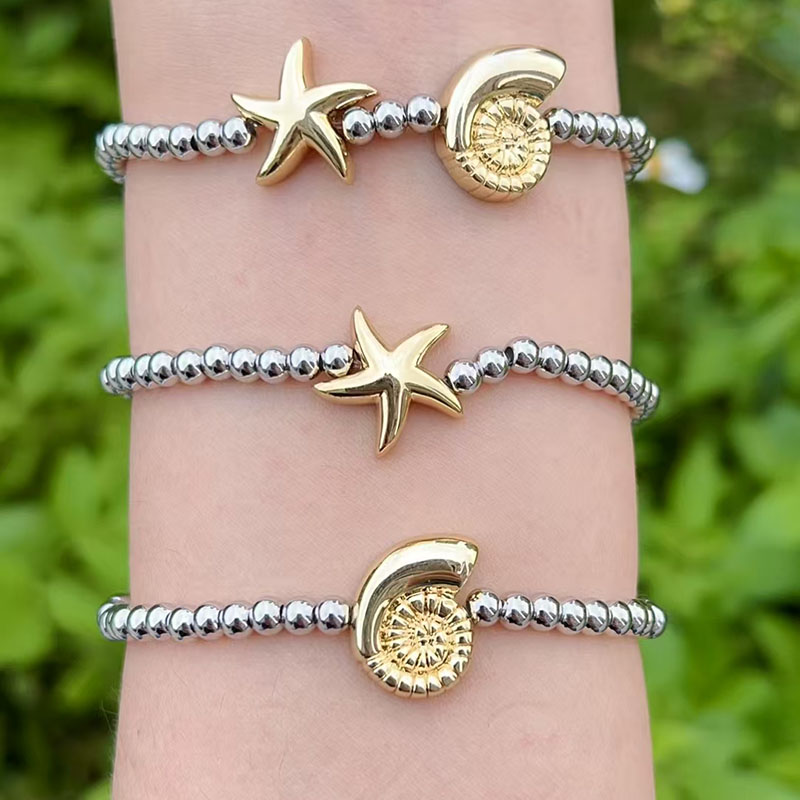 Pulsera De Estrellas De Mar Y Caracolas Con Cuentas Bañadas En Oro Y Cobre