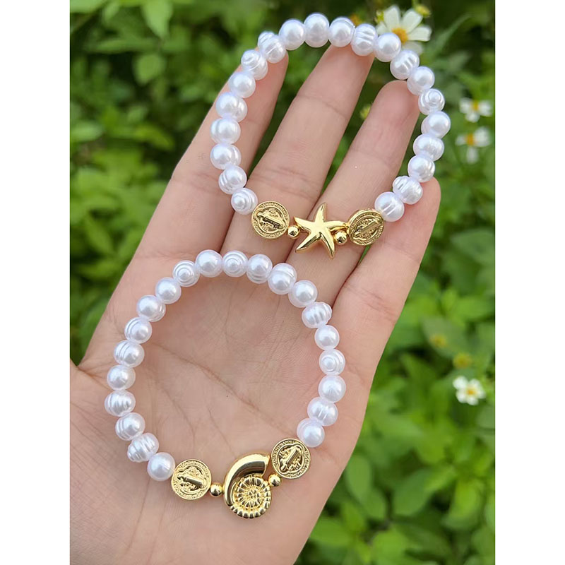 Pulsera De Estrellas De Mar Y Caracolas Con Cuentas De Perla Bañadas En Oro Y Cobre