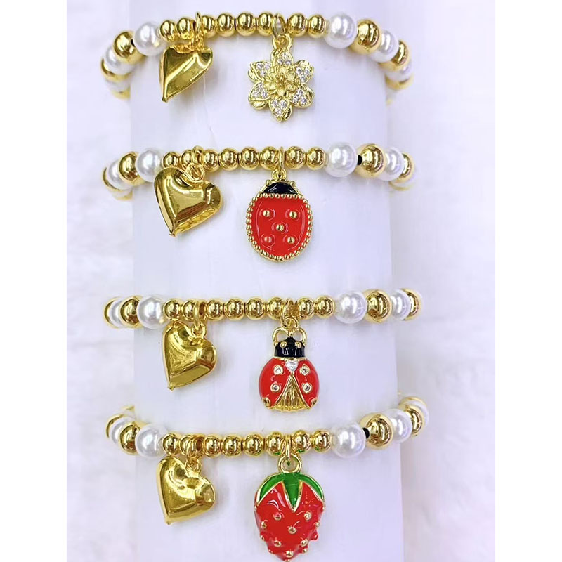 Gold 4 Copper Gold-plated Pearl Beaded Heart Flower Insect Bracelet