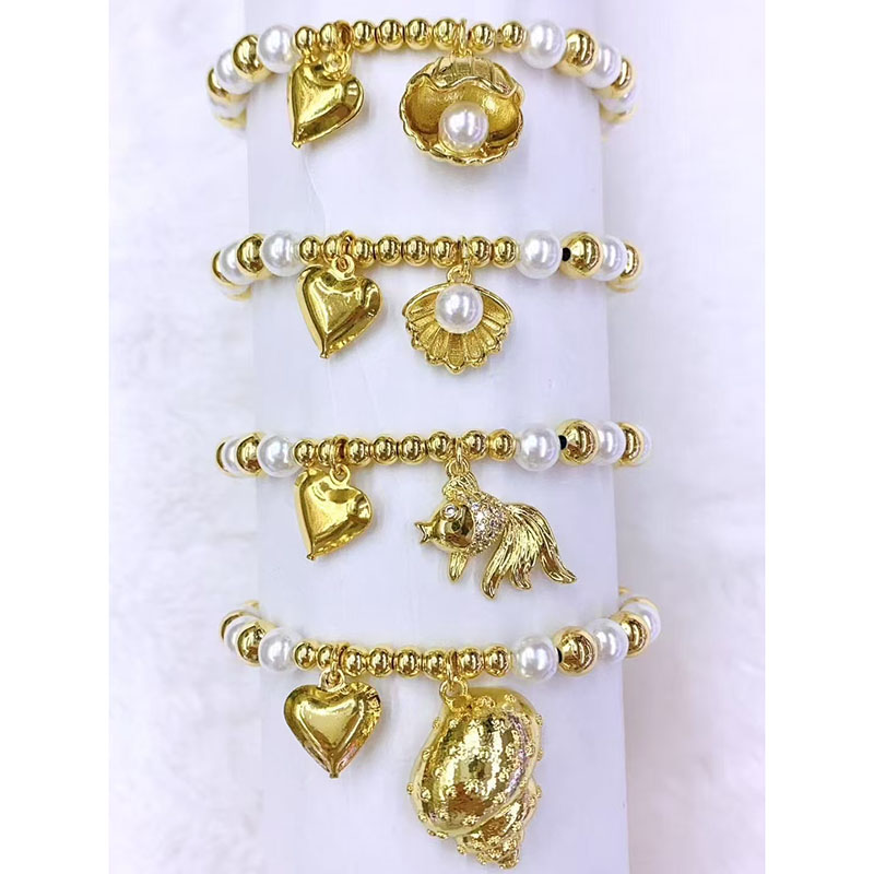 Pulsera De Concha Con Forma De Corazón Y Cuentas De Perla Bañadas En Oro Y Cobre
