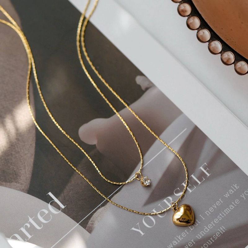 Collar De Doble Capa Con Corazón De Diamantes Y Acero De Titanio