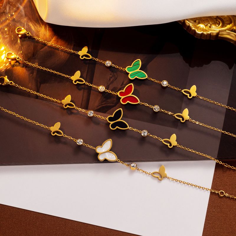 Pulsera De Acero Inoxidable Con Mariposa Hueca De Nácar Y Diamantes