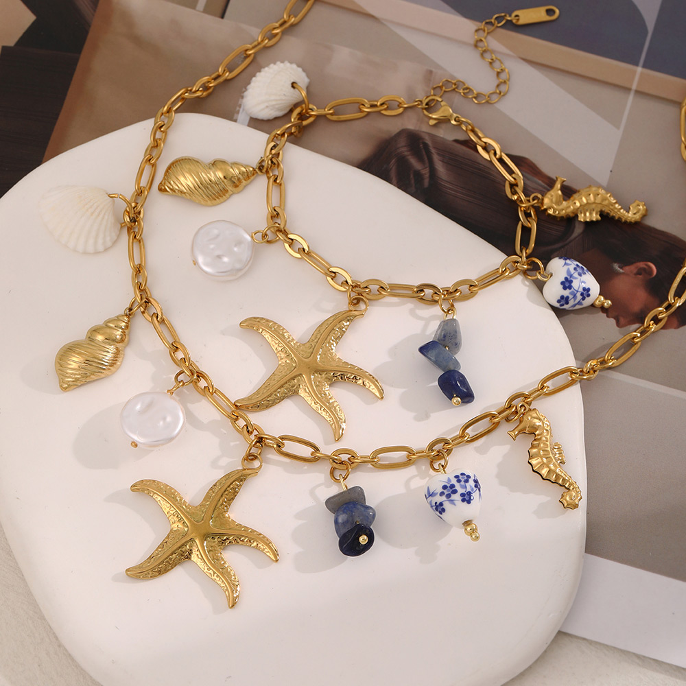 Gold 2 Titanium Steel Starfish Shell Pearl Bracelet