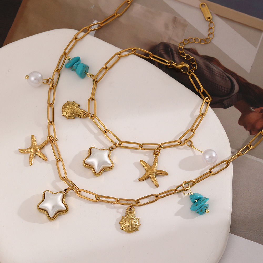 Gold 1 Titanium Steel Starfish Pearl Necklace