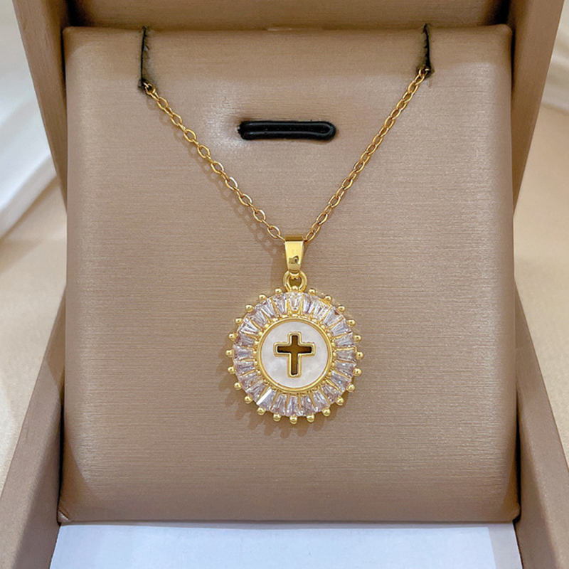 Gold Stainless Steel Diamond Cross Round Necklace