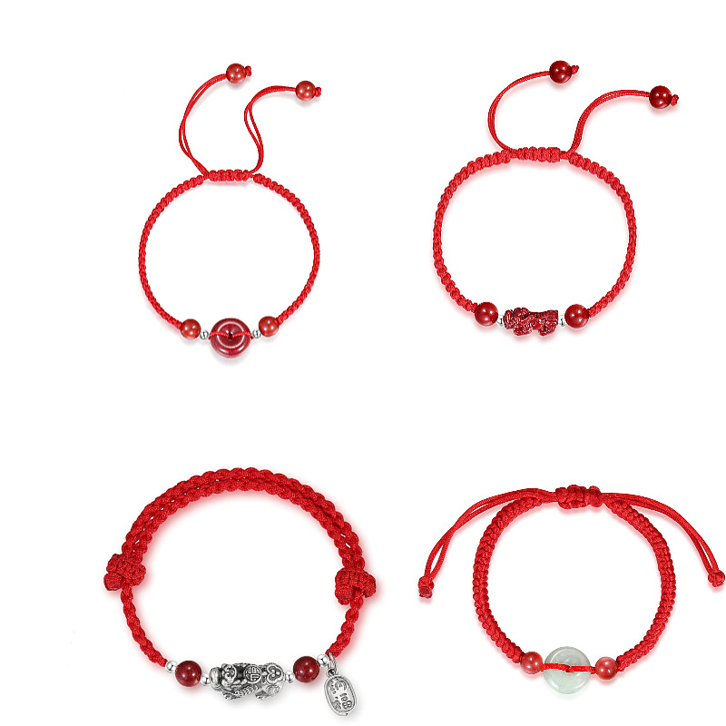 Cinnabar Kylin Bracelet Silver Kirin Rabbit Peace Buckle Braided Bracelet