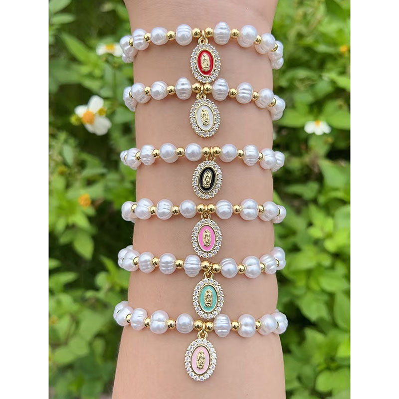 Red Copper Plated Pearl Beaded Diamond Madonna Bracelet