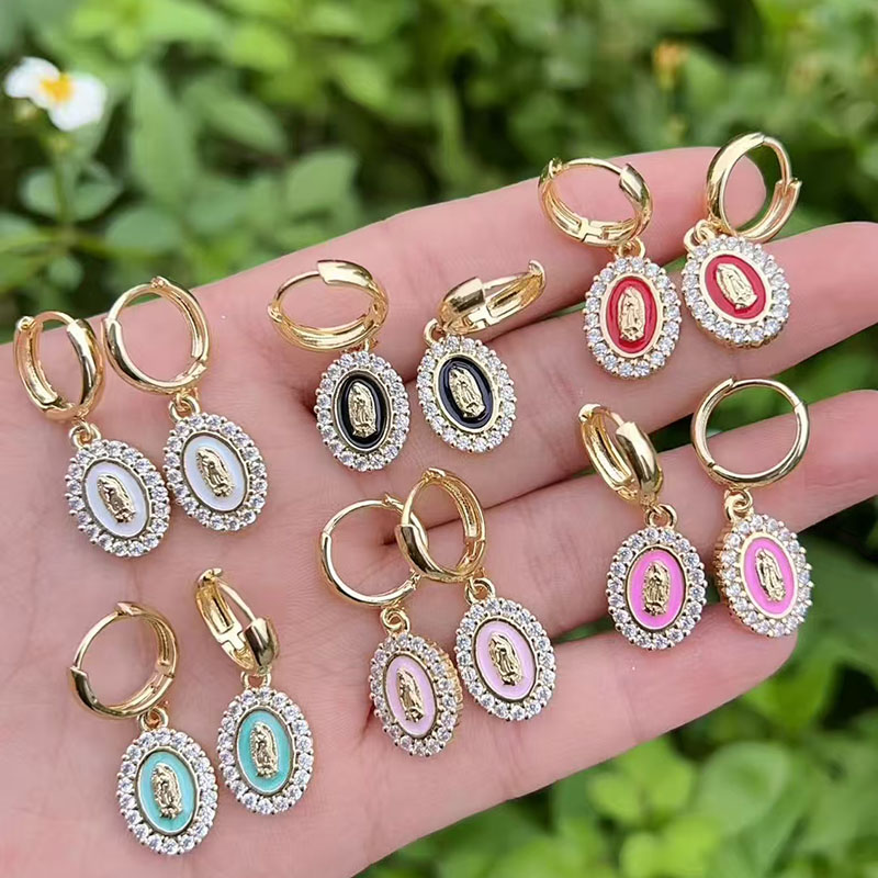 White Copper Plated Gold Diamond Madonna Earrings