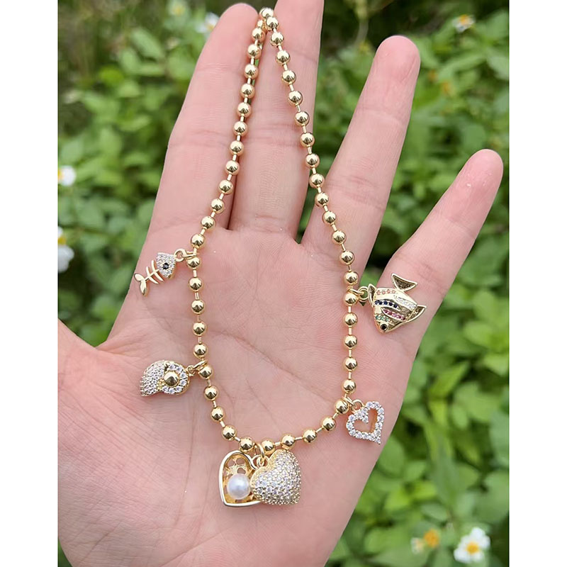 Necklace Copper Plated Gold Diamond Heart Fish Necklace