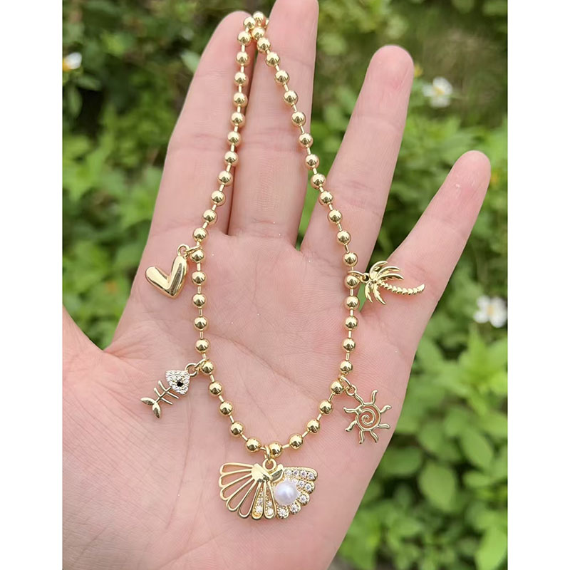 Necklace Copper Plated Gold Diamond Shell Fish Bone Heart Necklace