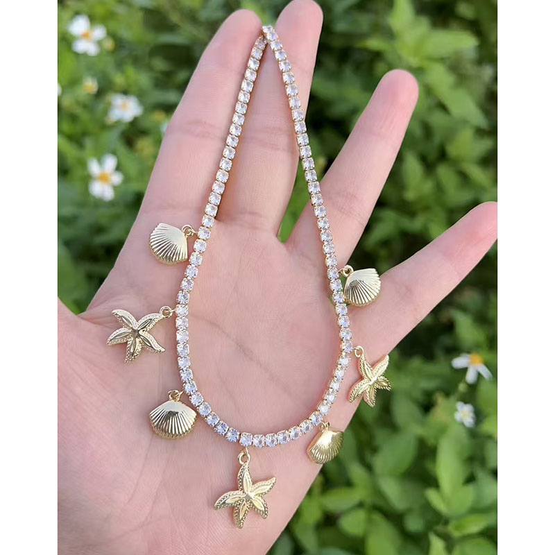 Collar Con Colgante De Concha Y Estrella De Mar De Diamantes Bañado En Oro Y Cobre