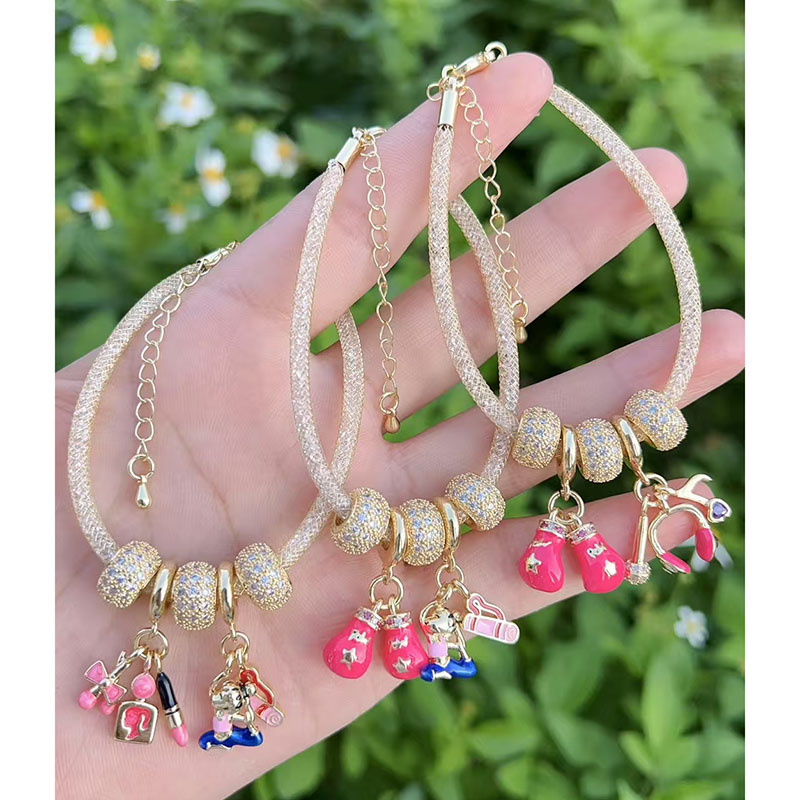 Pulsera Con Auriculares Y Guantes De Lápiz Labial Con Diamantes De Oro Y Cobre.
