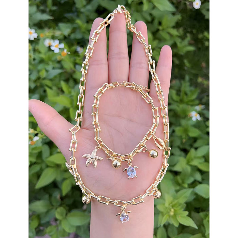 Pulsera De Tortuga Y Estrella De Mar Con Diamantes Bañada En Oro Y Cobre