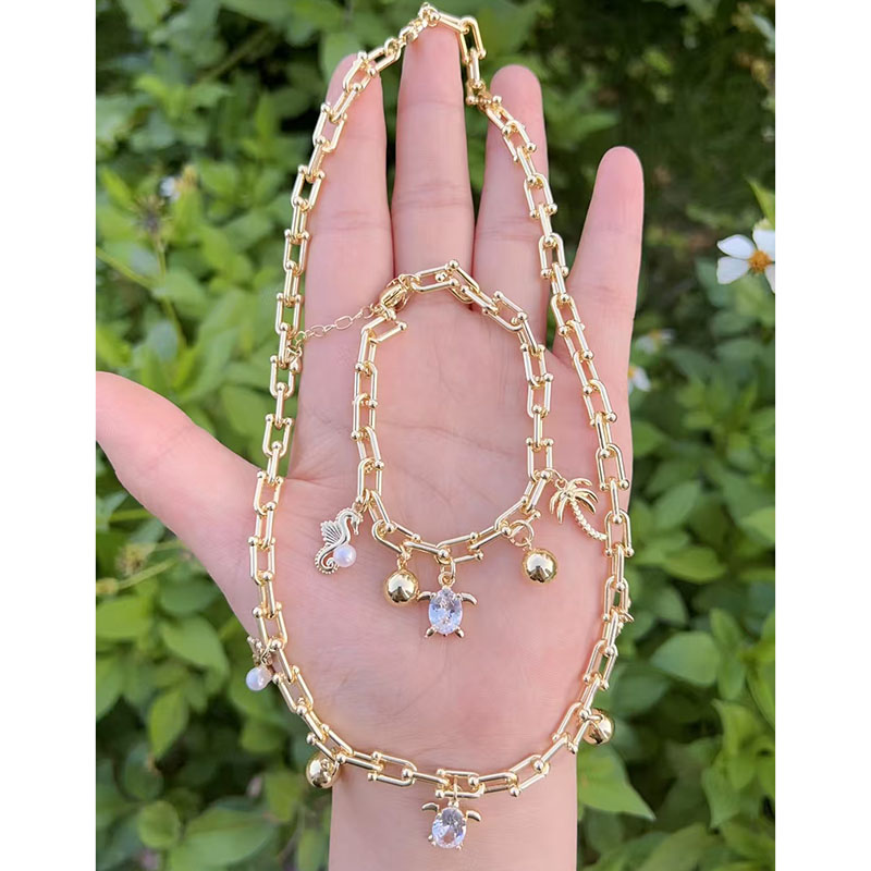 Pulsera De Cocotero Caballito De Mar Y Tortuga Con Diamantes Bañada En Oro Y Cobre