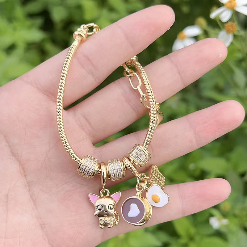 Pulsera De Corazón De Gato Con Diamantes Y Baño De Cobre Y Oro