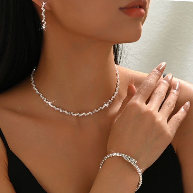 Gold Metal Geometric Diamond Collar Bracelet Earring Set