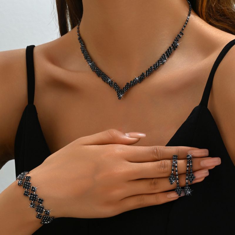 Black Three Piece Suit Metal Geometric Necklace Bracelet And Earring Set With Diamonds