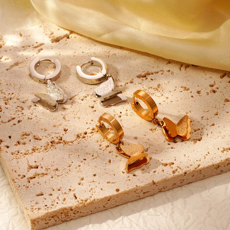 4*9 Pressed Sand Butterfly Earrings Gold Ms-692a Titanium Steel Butterfly Hoop Earrings