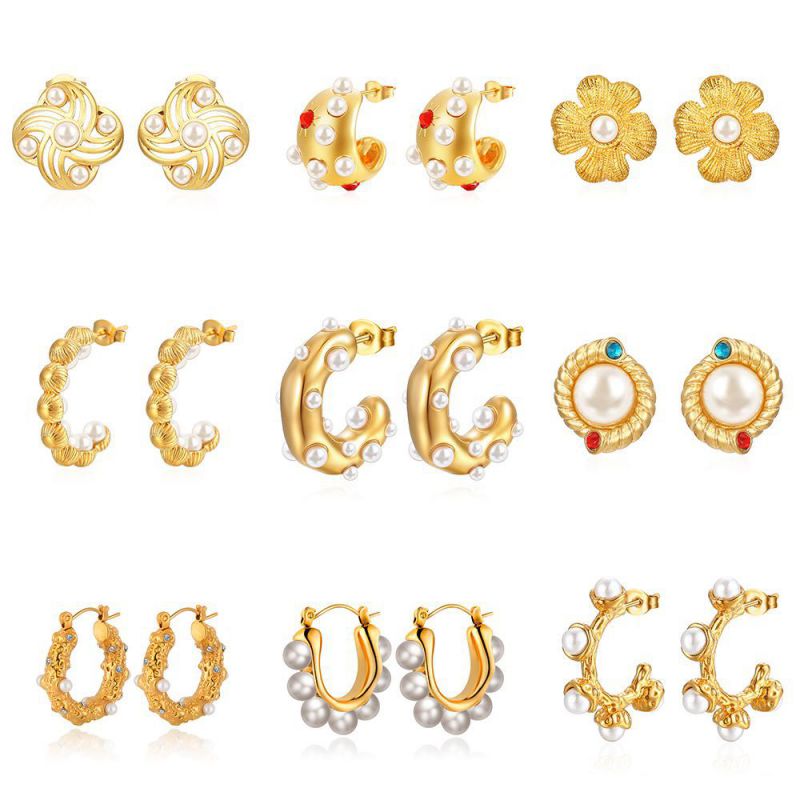 Earring 1# Stainless Steel Pearl Five-pointed Star Diamond Petal Bow Irregular Earrings