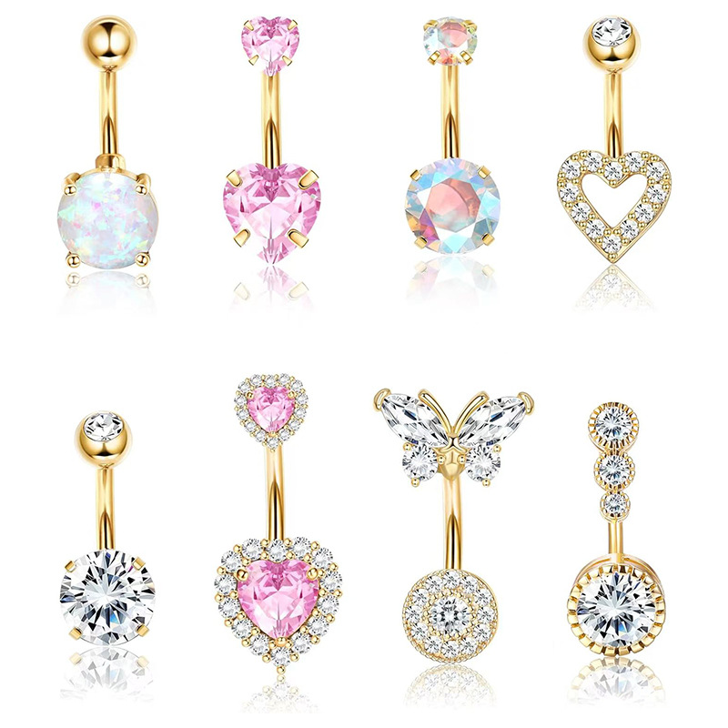 Gold 8-piece Set Stainless Steel Diamond Heart Round Piercing Belly Button Nail
