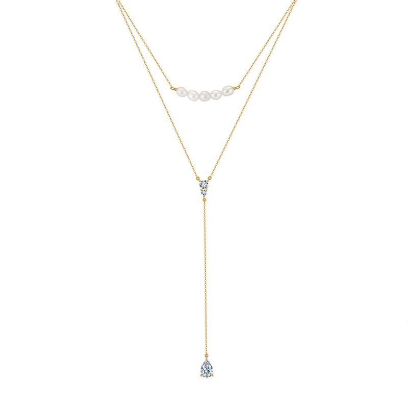 14k Gold Approx. Weight:5.18g Silver Pearl Beaded Diamond Teardrop-shaped Double-layer Necklace