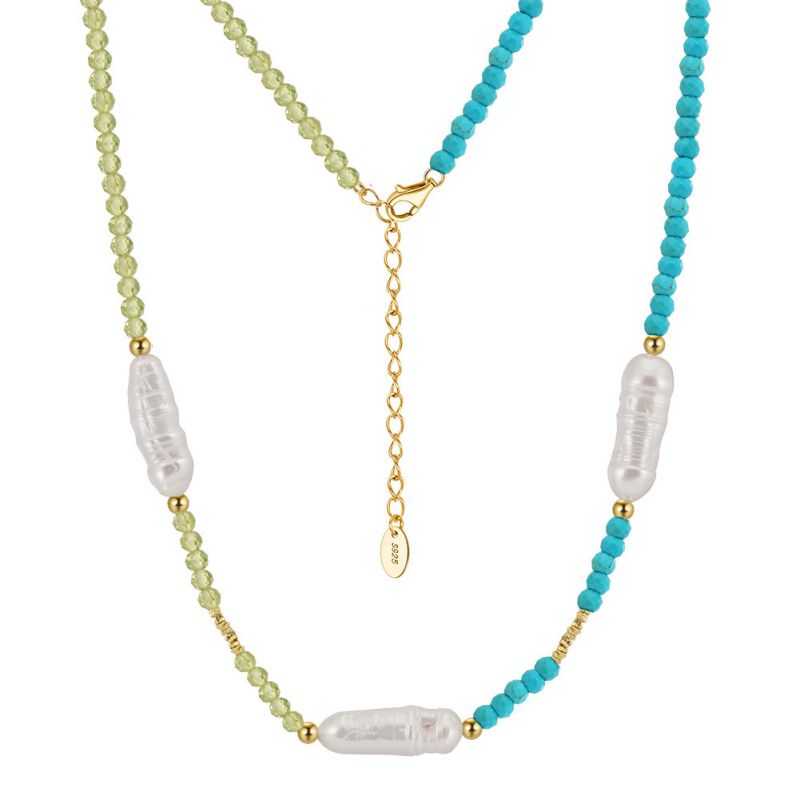 Turquoise + Peridot + Natural Baroque Freshwater Pearls 14k Gold Silver Beaded Pearl Necklace