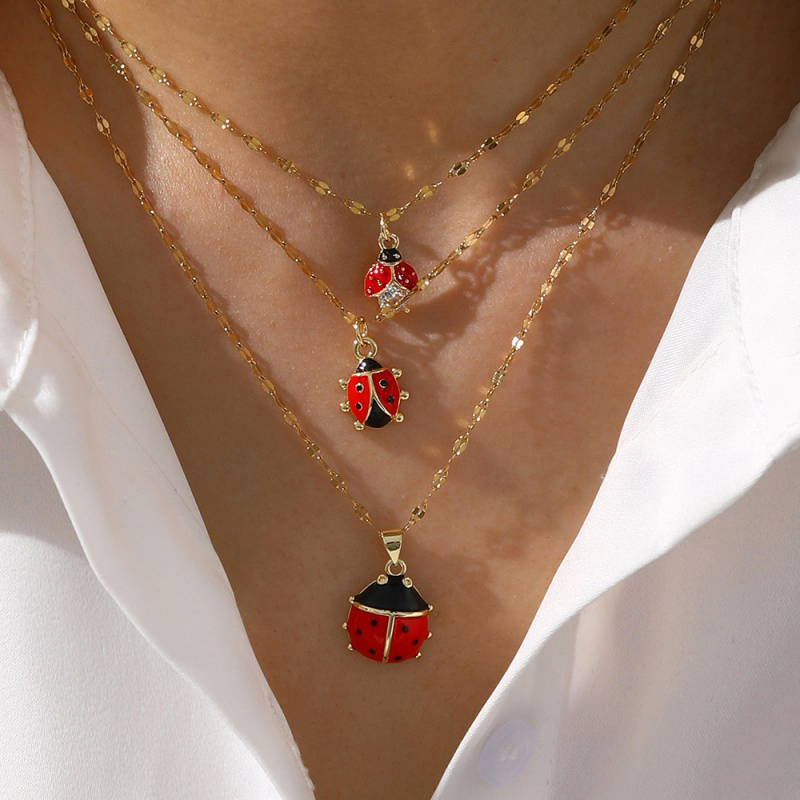 Gold 4 Titanium Steel Inlaid Zirconium Oil-drop Ladybug Necklace