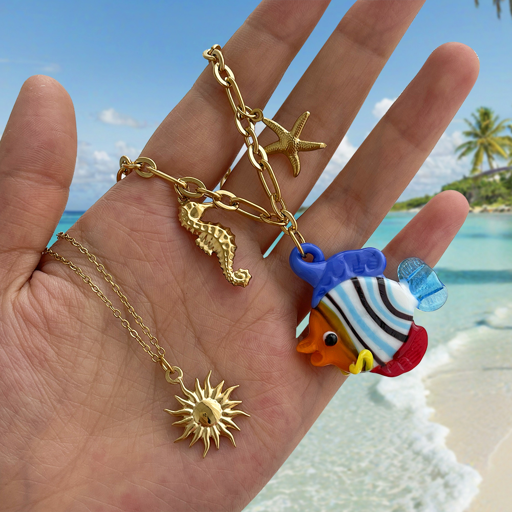 Gold 1 Glass Fish Ocean Series Titanium Steel Necklace
