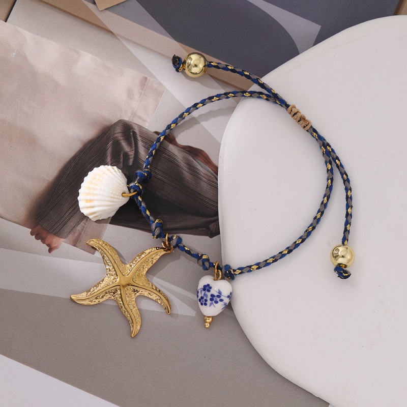 Gold Titanium Steel Starfish Shell String Beaded Bracelet (8mm)