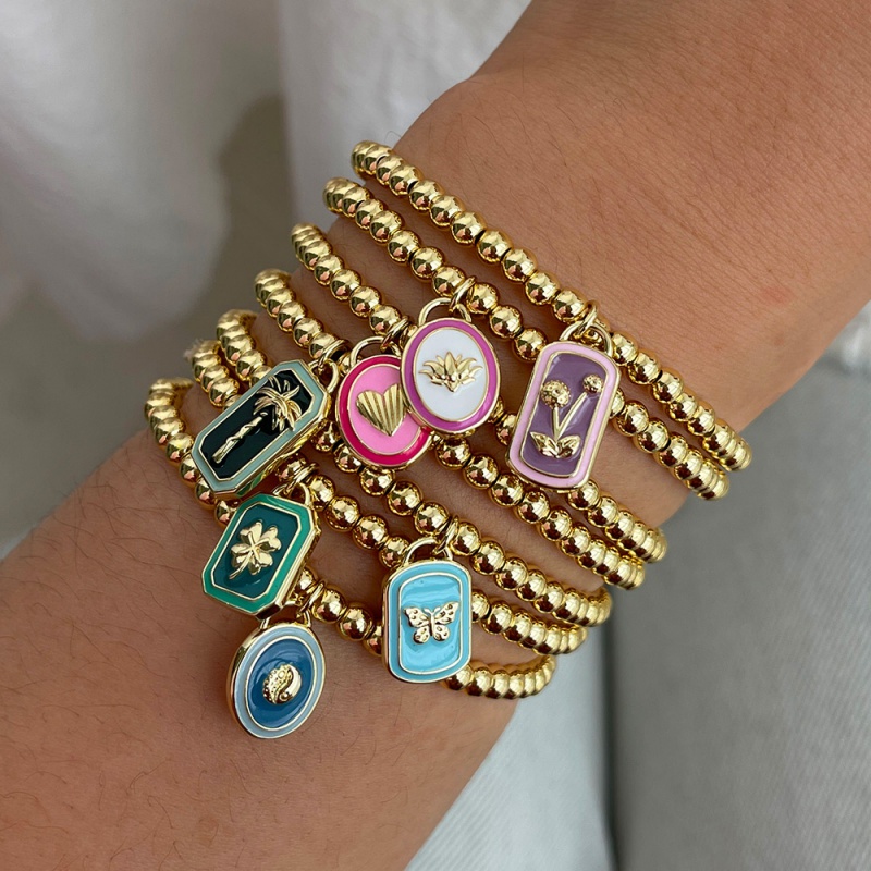 Gold 1 Oil Drop Square Flower Beaded Bracelet (4mm)