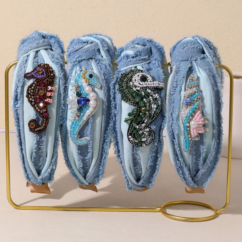 Blue 1 Diamond Rice Pearl Starfish Shell Knot Denim Headband