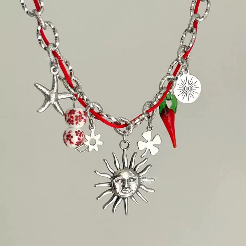 Red Stainless Steel Starfish Sunflower Pendant Necklace