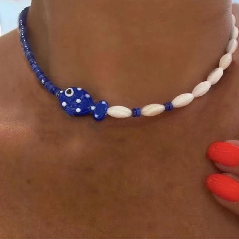 Yellow Irregular Pearl Beads Small Fish And Starfish Necklace