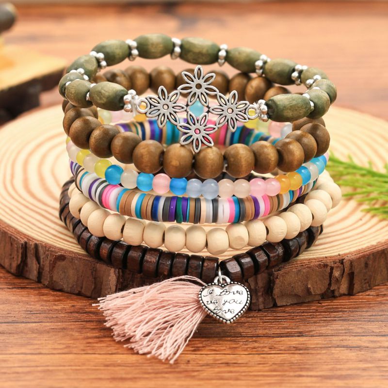 6-piece Feather Heart {style Three} Coconut Wood Beads Beaded Soft Clay Pearl Head Leather Men's Bracelet
