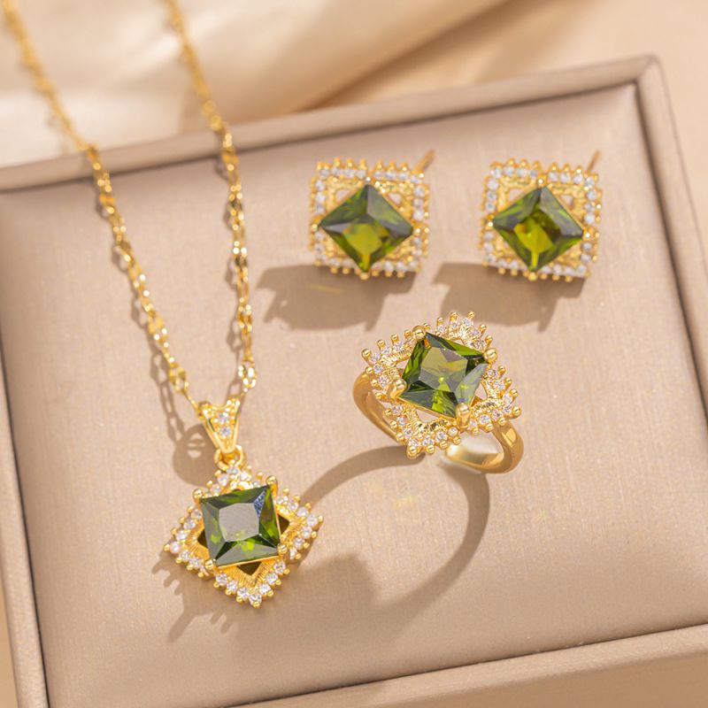 Conjunto De Collar Pendientes Y Anillo Con Diamantes Cuadrados De Acero Y Titanio.