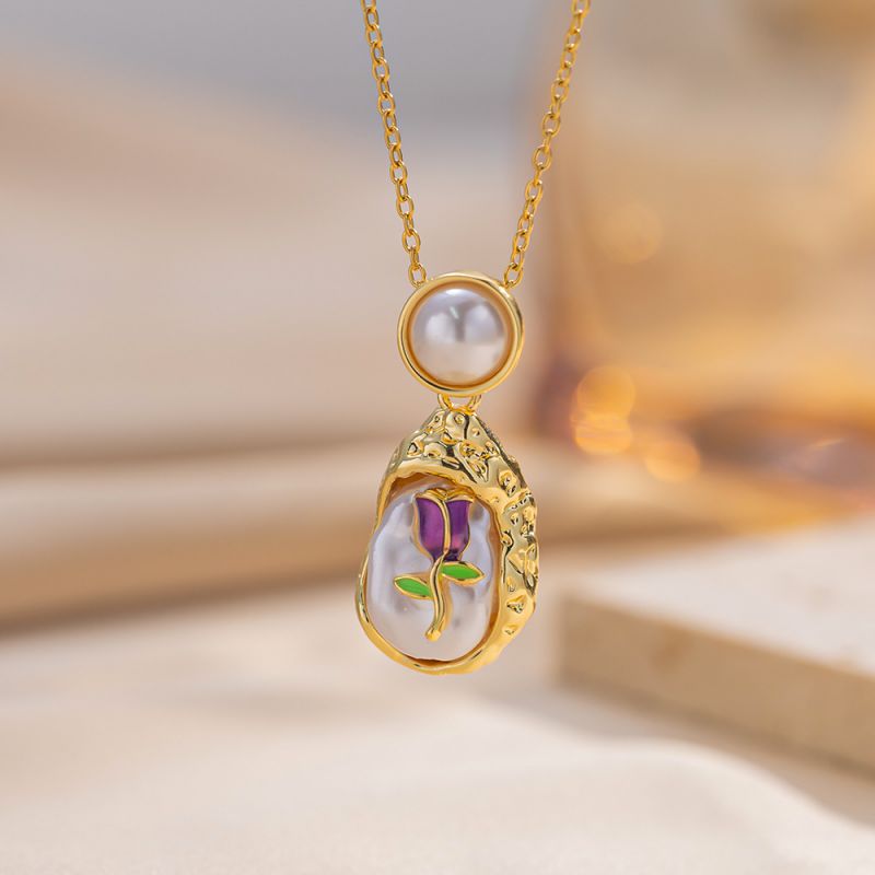 Collar De Flor De Perla De Acero De Titanio