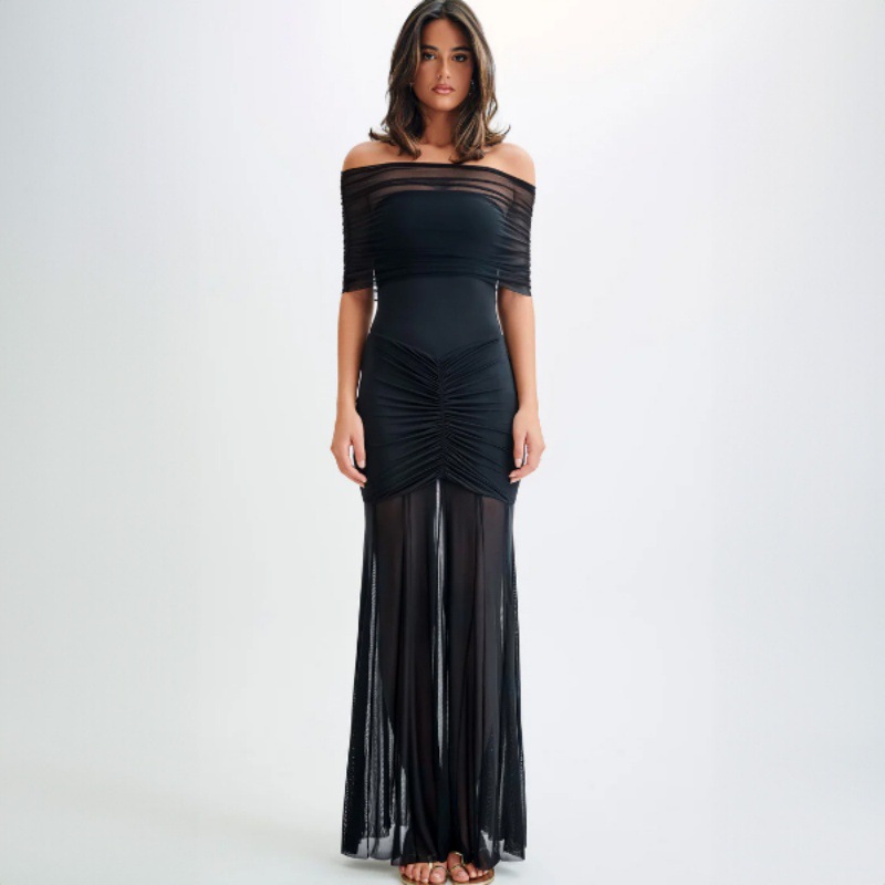 Apricot Pleated Mesh Stitching Long Skirt Two-piece Suit