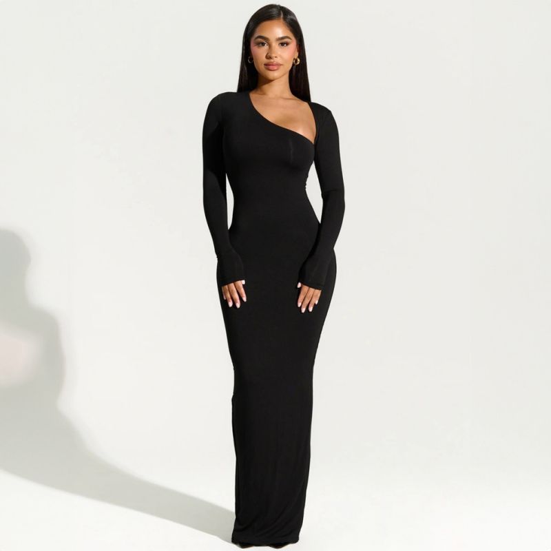 Black Long Sleeve Slanted Collar Long Skirt