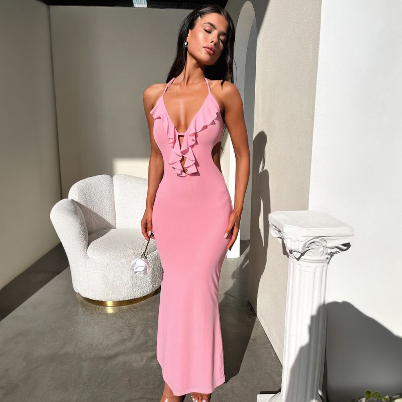 Brown Halter Neck Suspender Dress