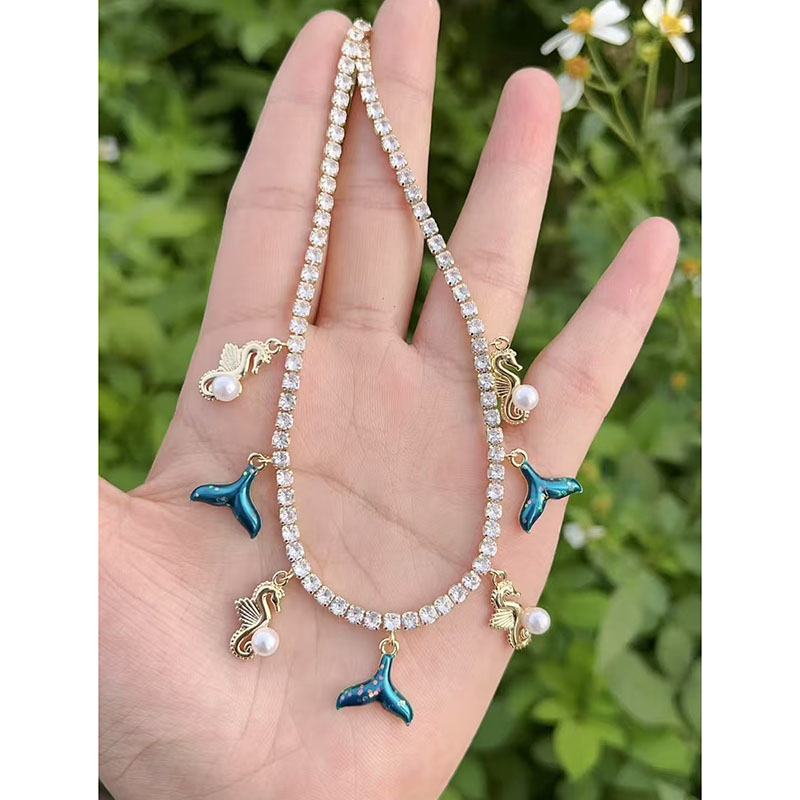 Collar De Caballito De Mar Con Cola De Pez Y Diamantes Bañados En Oro Y Cobre