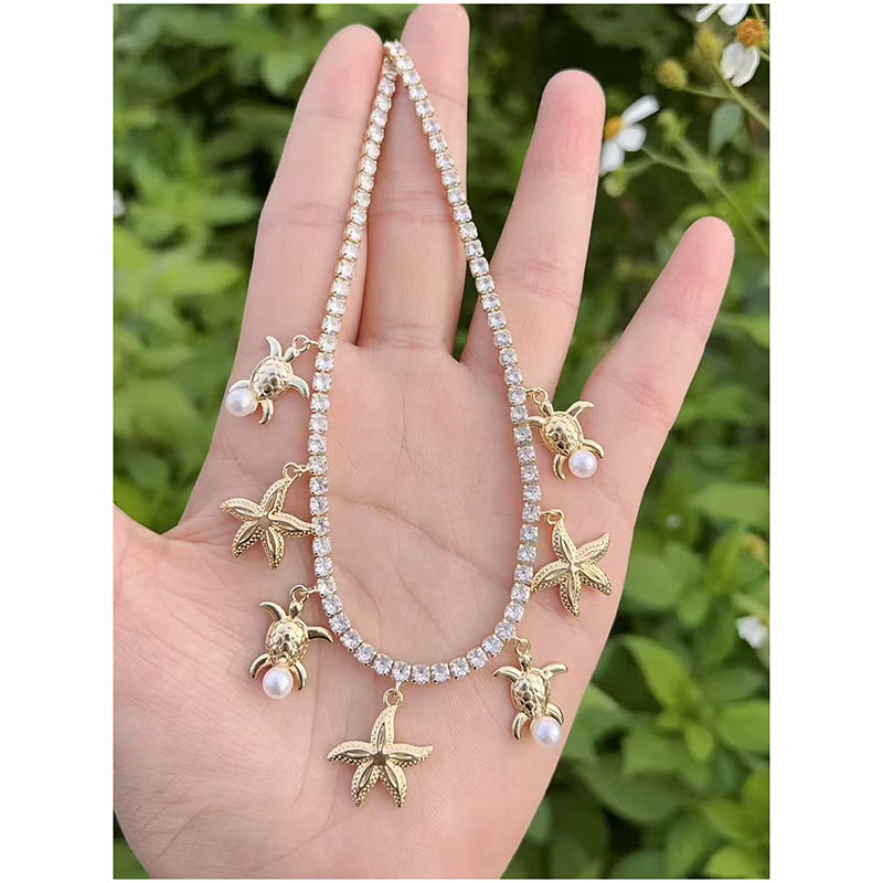 Collar De Tortuga Estrella De Mar Perla Y Diamante Bañado En Oro Y Cobre