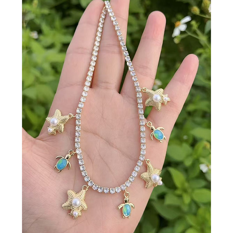 Collar De Tortuga Estrella De Mar Perla Y Diamante Bañado En Oro Y Cobre